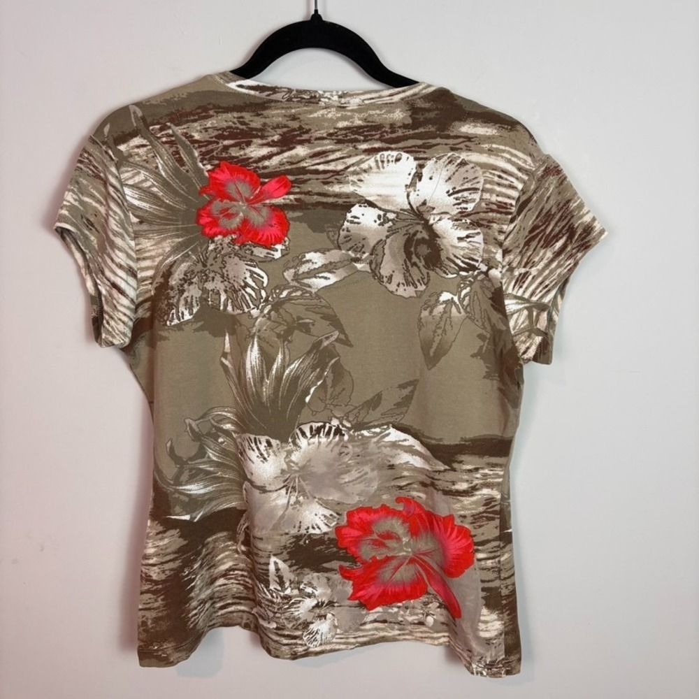 Chico's Womens Rayon Tropical Brown Red Floral Short Sleeve Stretch Tee sz 2/LG - Picture 5 of 8